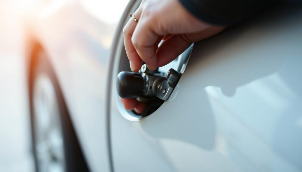 A close-up photograph of a person's hands skillfully repairing a car door lock mechanism. The scene is well-lit, with soft, directional lighting from the side, creating subtle shadows and highlights that accentuate the intricate details of the lock components. The background is blurred, maintaining the focus on the hands and the lock. The person's movements are captured with a shallow depth of field, conveying a sense of precision and expertise. The overall mood is one of concentration and problem-solving, reflecting the importance of the task at hand.