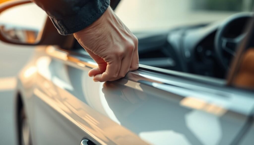 A close-up shot of a person's hand opening the driver's side door of a sedan, showcasing the intricate mechanism and smooth motion. The lighting is warm and natural, casting soft shadows on the metallic surface. The perspective is slightly elevated, emphasizing the precision and care taken in the action. The background is blurred, keeping the focus on the central scene, which conveys a sense of confidence and control in the everyday task of entering a vehicle. The image should evoke a feeling of reliability and professionalism, aligning with the themes of the article.