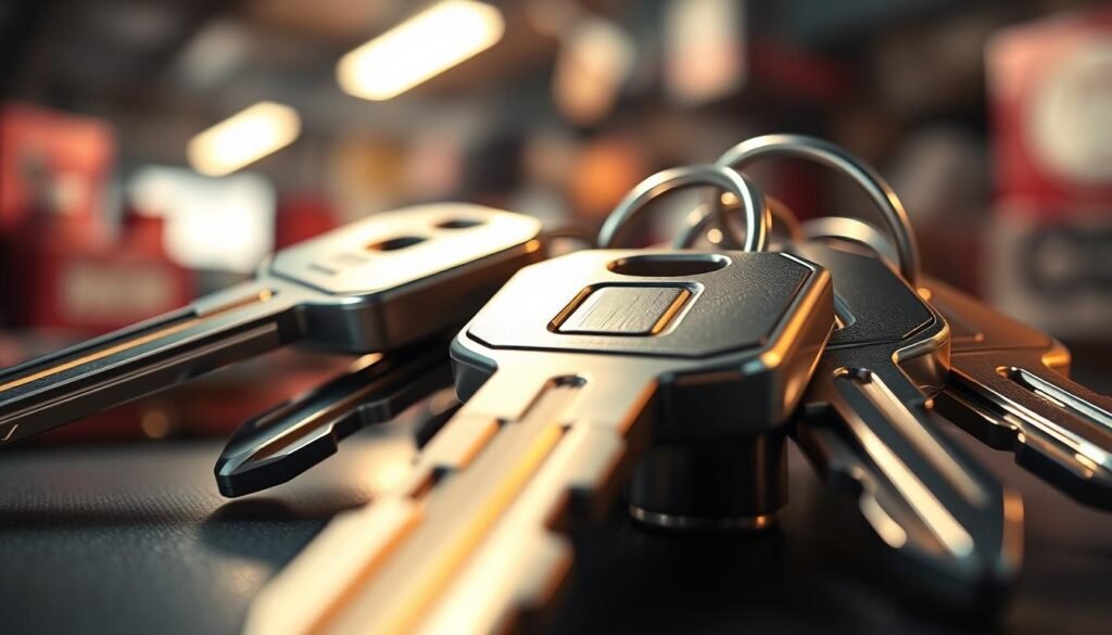A close-up view of a set of car keys, meticulously rendered with a shallow depth of field. The keys are composed of sturdy metal, their surfaces reflecting the warm, ambient lighting of a garage workshop. The keys are arranged in a visually appealing manner, with their unique shapes and contours highlighted to showcase the intricate details of their design. The background is slightly blurred, allowing the keys to be the primary focus of the image, conveying a sense of importance and attention to detail. The overall mood is one of professionalism and expertise, setting the stage for the reliable car key repair service described in the article.