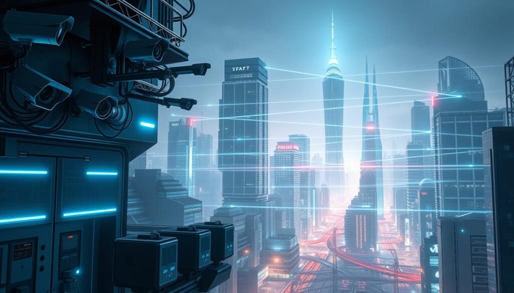 A futuristic cityscape illuminated by sleek, advanced security systems. In the foreground, a network of cutting-edge surveillance cameras and motion sensors seamlessly integrated into the architecture, casting a subtle glow. The middle ground features a series of high-tech access control panels and biometric scanners, guarding the entry points. In the background, towering skyscrapers are adorned with discreet yet powerful laser-based perimeter defense systems, creating an impenetrable, multilayered security grid. The entire scene is bathed in a cool, futuristic lighting scheme, conveying a sense of technological sophistication and unwavering protection.
