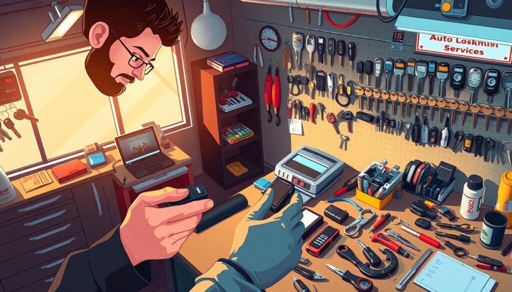 A high-angle view of a well-equipped auto locksmith workshop in Raqayeb, showcasing a variety of car keys, tools, and a neatly organized workbench. The scene is bathed in warm, natural lighting, conveying a sense of professionalism and reliability. In the foreground, a technician is carefully examining a car key, while in the background, a display of various key types and locksmithing services is visible. The overall atmosphere radiates efficiency, attention to detail, and a commitment to providing comprehensive 24/7 car key services to the local community.