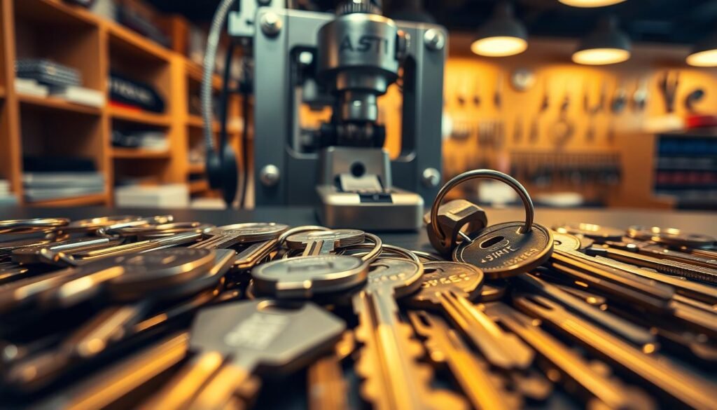 صورة عالية الجودة لنسخ مفاتيح دقيقة. تُظهر المقدمة مجموعة من المفاتيح المصنوعة بدقة، بأخاديدها وحوافها المعقدة المُعاد إنتاجها بدقة. في الوسط، تعمل آلة نسخ مفاتيح احترافية، بآلياتها المتراصة بدقة لضمان نسخ مثالي. تُظهر الخلفية ورشة مفاتيح منظمة ومُضاءة بشكل أنيق، مما يُوحي بالخبرة والاهتمام بالتفاصيل. تُضفي الإضاءة الدافئة والجماليات العصرية النظيفة جوًا من الموثوقية والخدمة عالية الجودة. يُجسد المشهد العام جوهر ورشة نسخ المفاتيح التي تعمل على مدار الساعة، والتي تُولي الأولوية للحرفية الاستثنائية ورضا العملاء.