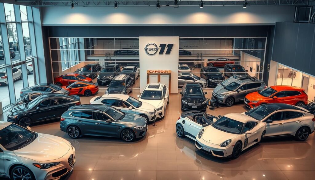 A high-resolution, detailed image of various types of automobiles in an automotive showroom setting. The scene features a wide range of vehicles, including sedans, SUVs, pickup trucks, and sports cars, arranged in a visually appealing layout. The vehicles are depicted with realistic textures, accurate proportions, and precise details, showcasing their distinctive designs. Soft, warm lighting illuminates the scene, creating a welcoming and inviting atmosphere. The background features sleek, modern architecture with large glass windows, highlighting the A high-resolution, detailed image of various types of automobiles in an automotive showroom setting. The scene features a wide range of vehicles, including sedans, SUVs, pickup trucks, and sports cars, arranged in a visually appealing layout. The vehicles are depicted with realistic textures, accurate proportions, and precise details, showcasing their distinctive designs. Soft, warm lighting illuminates the scene, creating a welcoming and inviting atmosphere. The background features sleek, modern architecture with large glass windows, highlighting the