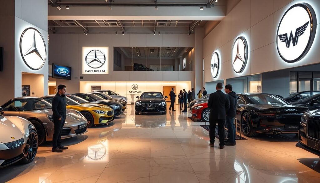 A high-resolution, photorealistic image of the car brand partnerships in Abu Dhabi. The scene depicts a modern automotive showroom with sleek, well-lit displays of various luxury car models from leading international brands. The floor is polished marble, and the walls are adorned with large, backlit brand logos. In the foreground, a group of prospective customers examines the latest models, while in the background, sales representatives engage in discussions. Warm, indirect lighting casts a sophisticated ambiance, and the overall composition conveys a sense of exclusivity and prestige associated with the prestigious car brands showcased.