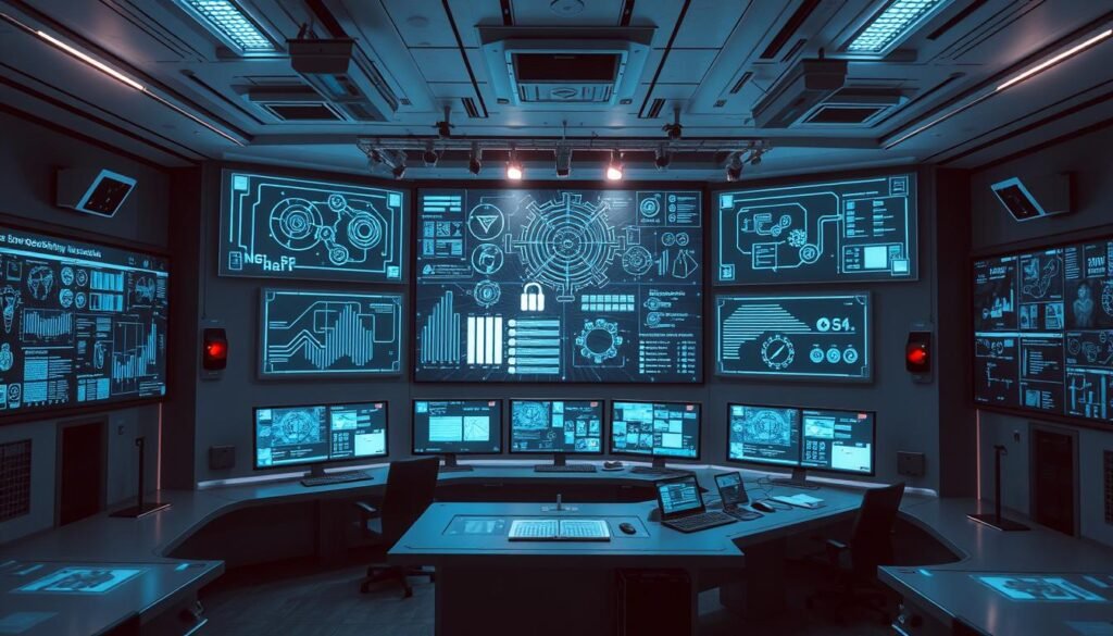 A high-tech control room with advanced security systems. Holographic displays showcase intricate schematics and real-time data feeds. Sleek, minimal interfaces allow operators to monitor and manage complex security protocols. Ambient lighting bathes the scene in a cool, futuristic glow, casting dramatic shadows across the room. Sophisticated surveillance cameras and motion sensors are discretely integrated into the architectural design. The atmosphere conveys a sense of cutting-edge technology, precision, and unwavering protection.