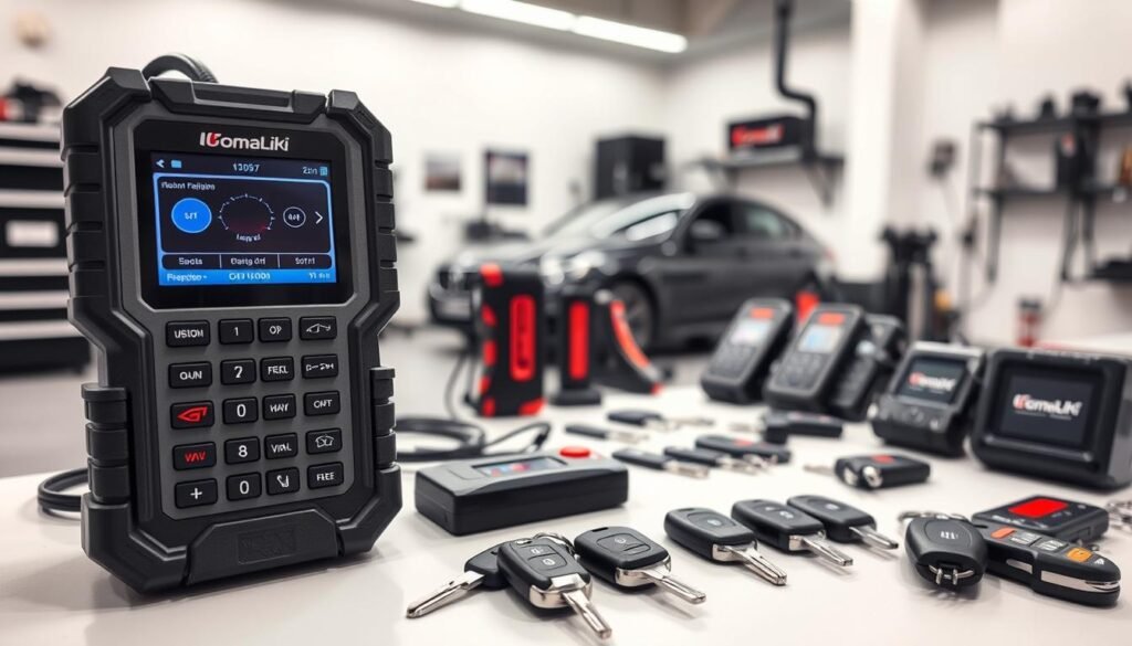 A sleek and modern workshop showcasing the latest automotive locksmith technologies. In the foreground, a state-of-the-art key programming device with a crisp digital display and ergonomic controls. Surrounding it, an array of high-precision tools, including key duplicators and remote fob programmers, all bearing the logo of A sleek and modern workshop showcasing the latest automotive locksmith technologies. In the foreground, a state-of-the-art key programming device with a crisp digital display and ergonomic controls. Surrounding it, an array of high-precision tools, including key duplicators and remote fob programmers, all bearing the logo of