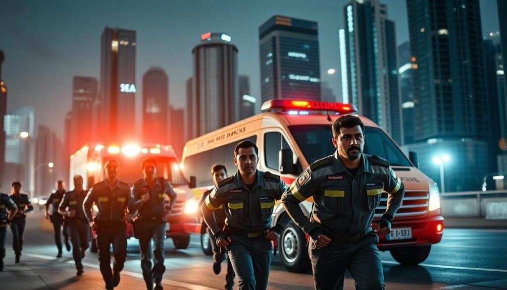 A vibrant emergency services scene with the brand A vibrant emergency services scene with the brand