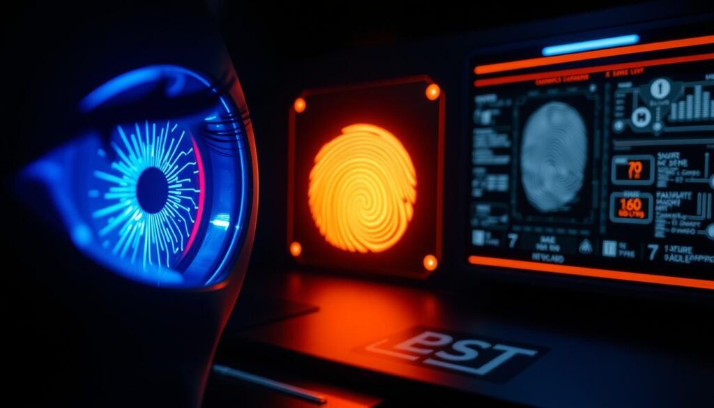 A visually striking image of biometric identification technologies. In the foreground, a futuristic iris scanner emits a mesmerizing blue light, its lens capturing the intricate patterns of the eye. In the middle ground, a fingerprint scanner glows with an ethereal orange hue, its sensors meticulously mapping the unique whorls and ridges. The background features a sleek, minimalist control panel, its digital displays showcasing biometric data and security protocols. The lighting is dramatic, casting deep shadows and highlighting the technological elegance of the scene. The overall atmosphere is one of advanced security, cutting-edge innovation, and a sense of awe-inspiring innovation.