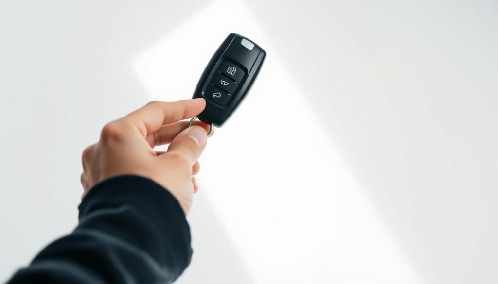 A well-lit, high-angle photograph showcasing a person's hand carefully holding a car key against a clean, minimalist background. The key is the focal point, with a distinct A well-lit, high-angle photograph showcasing a person's hand carefully holding a car key against a clean, minimalist background. The key is the focal point, with a distinct