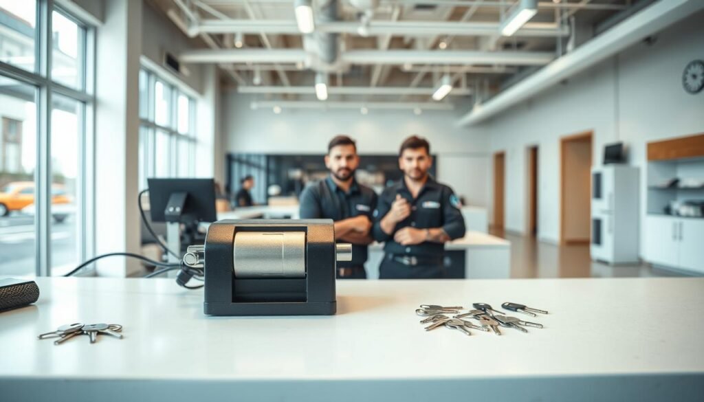 A well-lit, modern showroom interior showcasing a professional key duplication service. The foreground features a sturdy counter with an array of key-cutting equipment, including a high-precision key machine and a selection of blank keys. The middle ground showcases a team of skilled locksmiths demonstrating the key duplication process, their faces in focus. The background depicts the expansive, bright space with clean, minimalist decor, conveying a sense of reliability and trust. The overall atmosphere is one of efficiency, expertise, and customer-centric service.