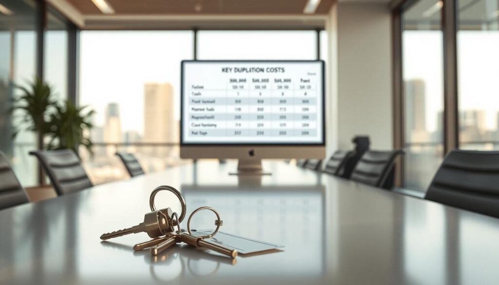 A well-lit office interior with a clean, modern aesthetic. On a sleek desk, a set of metal keys and a price tag hover in the foreground, their shiny surfaces reflecting the soft lighting. In the middle ground, a computer monitor displays a breakdown of key duplication costs, with clear typography and easy-to-understand infographics. The background features a blurred cityscape, hinting at the urban setting of the key copying service. The overall mood is professional, informative, and visually appealing, drawing the viewer's attention to the key pricing details.