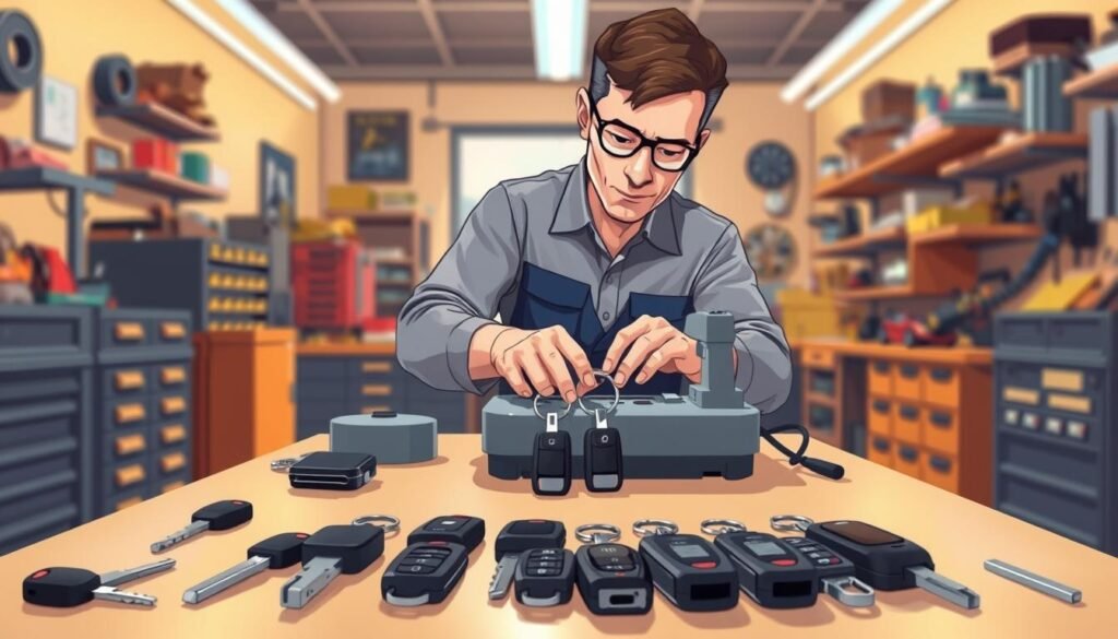 A well-lit workshop interior, showcasing a skilled technician meticulously duplicating car keys on a specialized key-cutting machine. The foreground features an array of assorted car keys, including transponder keys, laid out neatly on a clean workbench. In the middle ground, the technician, wearing a professional uniform, intently focuses on the task at hand, their hands delicately operating the precision machinery. The background depicts a well-organized automotive workshop, with shelves of spare parts and tools visible, conveying a sense of expertise and attention to detail. The lighting is warm and subtle, creating a calming, professional atmosphere conducive to the meticulous work of key duplication.