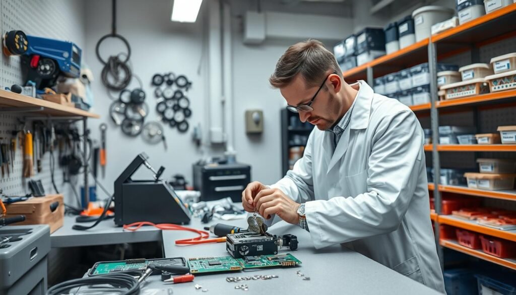 A well-lit workshop interior with various electronic key maintenance tools and equipment, including a soldering station, key cutting machine, and specialized electronic circuit boards. A skilled technician in a white lab coat is carefully inspecting and repairing an electronic key mechanism on a workbench, surrounded by organized shelves of spare parts and neatly labeled storage containers. The atmosphere conveys a sense of professionalism, attention to detail, and a commitment to providing reliable electronic key maintenance services. The lighting is bright and evenly distributed, casting subtle shadows that enhance the depth and texture of the scene.
