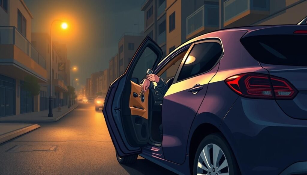 Detailed image of a locksmith technician deftly opening the locked door of a compact sedan in the middle of a dimly lit street in Al-Raqayeb. Warm lamplight casts a soft glow, creating an atmosphere of expertise and urgency. The technician's skilled hands and specialized tools are the focal point, conveying their experience in resolving vehicle entry issues efficiently and without damage. The vehicle's sleek, modern design is visible, along with the surrounding urban landscape of the neighborhood. The scene evokes a sense of reliable, on-demand car lockout service available to the local community.