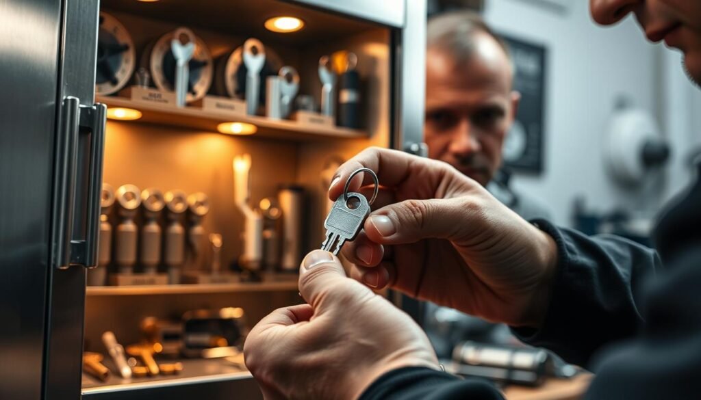 High-quality materials for key duplication, featuring a sleek metal display cabinet showcasing various key blanks and cutting tools. The cabinet is softly illuminated, casting a warm glow on the precision instruments within. In the foreground, a skilled locksmith's hands are carefully selecting the appropriate key blank, with a focused expression. The background is blurred, emphasizing the craftsmanship and attention to detail in the key duplication process. The overall scene conveys a sense of professionalism, reliability, and the importance of using the right tools and materials to ensure a secure and functional key.