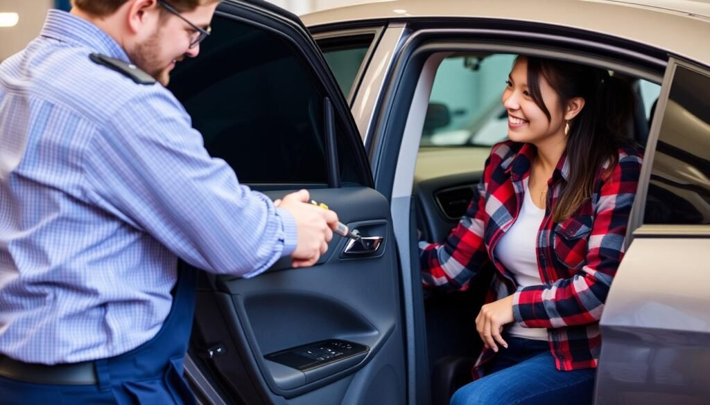 فني يقوم بفتح سيارة مقفلة بطريقة احترافية فني يقوم بفتح سيارة مقفلة بطريقة احترافية