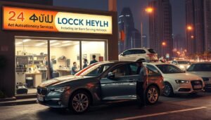 A 24-hour automotive lockout service in Abu Dhabi, showcasing a well-equipped workshop with professional technicians. The scene depicts a late-night setting, with a well-lit and inviting storefront illuminated by warm, ambient lighting. In the foreground, a luxury sedan is prominently featured, its doors open as a technician expertly assesses the lock mechanism. The middle ground highlights the company's fleet of service vehicles, each equipped with the latest tools and equipment. The background subtly suggests the bustling cityscape of Abu Dhabi, with towering skyscrapers and the occasional passing vehicle, conveying a sense of reliability and accessibility even in the late hours. The overall mood is one of efficiency, professionalism, and a dedication to providing exceptional 24-hour car unlock service.