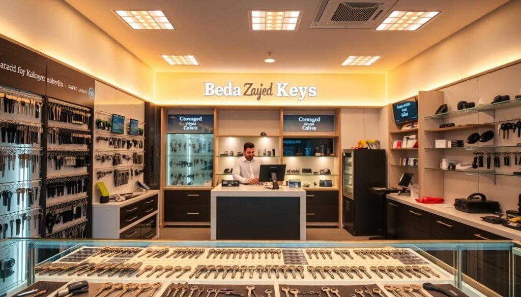 A beautifully lit interior of a modern key shop, Beda Zayed Keys, showcasing its comprehensive services. In the foreground, an organized display of various key types and accessories, meticulously arranged. The mid-ground features a well-equipped workstation with specialized tools, hinting at the shop's expertise in key duplication and repair. The background reveals a clean, minimalist design with sleek shelving and signage, creating a professional and welcoming ambiance. Warm lighting casts a soft glow, highlighting the shop's attention to detail and commitment to customer satisfaction. The overall scene conveys a sense of efficiency, reliability, and a dedication to providing a seamless key-related experience. A beautifully lit interior of a modern key shop, Beda Zayed Keys, showcasing its comprehensive services. In the foreground, an organized display of various key types and accessories, meticulously arranged. The mid-ground features a well-equipped workstation with specialized tools, hinting at the shop's expertise in key duplication and repair. The background reveals a clean, minimalist design with sleek shelving and signage, creating a professional and welcoming ambiance. Warm lighting casts a soft glow, highlighting the shop's attention to detail and commitment to customer satisfaction. The overall scene conveys a sense of efficiency, reliability, and a dedication to providing a seamless key-related experience.