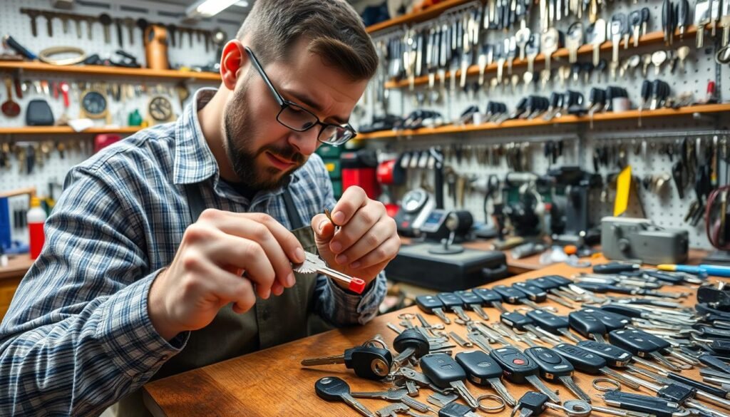 A brightly lit workshop filled with an array of keys, tools, and machinery. In the foreground, a skilled locksmith carefully examines a key blank, meticulously measuring and filing it to create a precise duplicate. In the middle ground, a collection of various car keys, each with its own unique shape and design, await their turn for duplication. The background is adorned with shelves housing an impressive assortment of key-making equipment, conveying the technical expertise and attention to detail required for this specialized craft. The overall scene exudes a sense of precision, craftsmanship, and the importance of providing reliable key duplication services to customers.