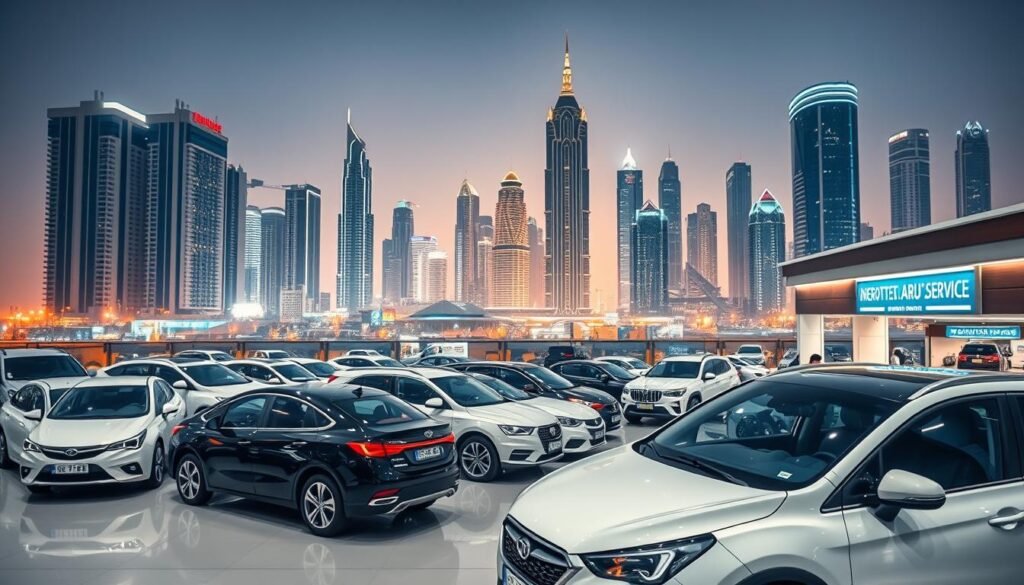 A bustling cityscape in Abu Dhabi, featuring the prominent skyline of towering skyscrapers. In the foreground, a well-lit automobile service center with a clean, modern design and a professional team of technicians ready to assist with car unlocking services. The middle ground showcases the diverse range of vehicles, from luxury sedans to family SUVs, all waiting to be expertly attended to. The background is infused with a warm, golden glow, conveying a sense of efficiency and reliability within this hub of automotive expertise. The overall scene radiates a welcoming atmosphere, inviting drivers to entrust their vehicle needs to this reputable car key service in the heart of Abu Dhabi.