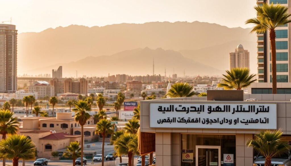 A bustling cityscape in Al Ain, United Arab Emirates, bathed in warm, golden light. Towering skyscrapers, modern architecture, and verdant palm trees create a vibrant, cosmopolitan atmosphere. In the foreground, a sleek, well-maintained automotive locksmith shop, its signage prominently displaying "خدماتنا في العين". The shop's facade features clean lines, sophisticated design, and a welcoming entrance, conveying a sense of professionalism and reliability. The middle ground showcases the diverse neighborhoods of Al Ain, with traditional Emirati buildings seamlessly blending with contemporary developments. In the background, the majestic Jebel Hafeet mountain range provides a stunning natural backdrop, emphasizing the shop's strategic location within the city. The overall scene exudes a harmonious balance between urban modernity and the region's rich cultural heritage.