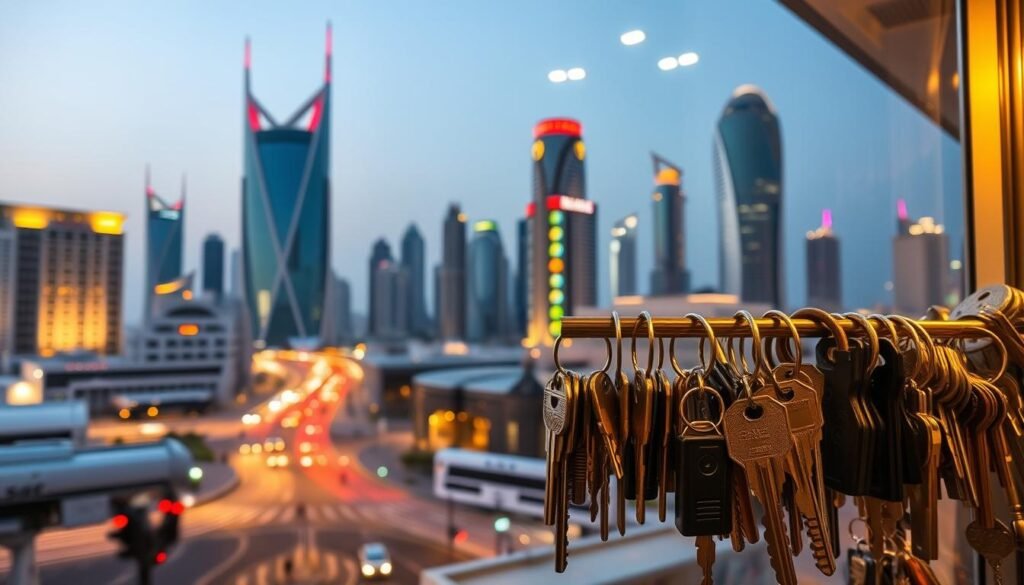 A bustling cityscape of Abu Dhabi, with towering skyscrapers and modern architecture in the background. In the foreground, a well-lit storefront showcases an array of keys, locks, and locksmith tools, reflecting the importance of key services in this vibrant city. The scene is bathed in warm, inviting lighting, conveying a sense of professionalism and reliability. The image should capture the integral role that locksmith services play in the daily lives of Abu Dhabi residents, catering to their security and accessibility needs in a visually compelling manner. A bustling cityscape of Abu Dhabi, with towering skyscrapers and modern architecture in the background. In the foreground, a well-lit storefront showcases an array of keys, locks, and locksmith tools, reflecting the importance of key services in this vibrant city. The scene is bathed in warm, inviting lighting, conveying a sense of professionalism and reliability. The image should capture the integral role that locksmith services play in the daily lives of Abu Dhabi residents, catering to their security and accessibility needs in a visually compelling manner.