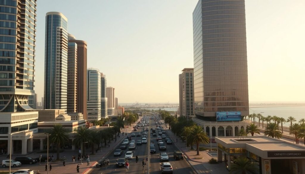 A bustling cityscape of Ajman, United Arab Emirates, showcasing the vibrant services offered to Emirati citizens. In the foreground, modern high-rises and sleek office buildings stand tall, their glass facades reflecting the warm, golden light of the sun. The middle ground features a bustling street scene, with local residents going about their daily lives - walking, driving, and engaging in various commercial activities. In the background, the iconic Ajman Corniche stretches out, its promenade lined with palm trees and overlooking the serene waters of the Gulf. The overall atmosphere conveys a sense of progress, prosperity, and a commitment to serving the needs of the Emirati community.