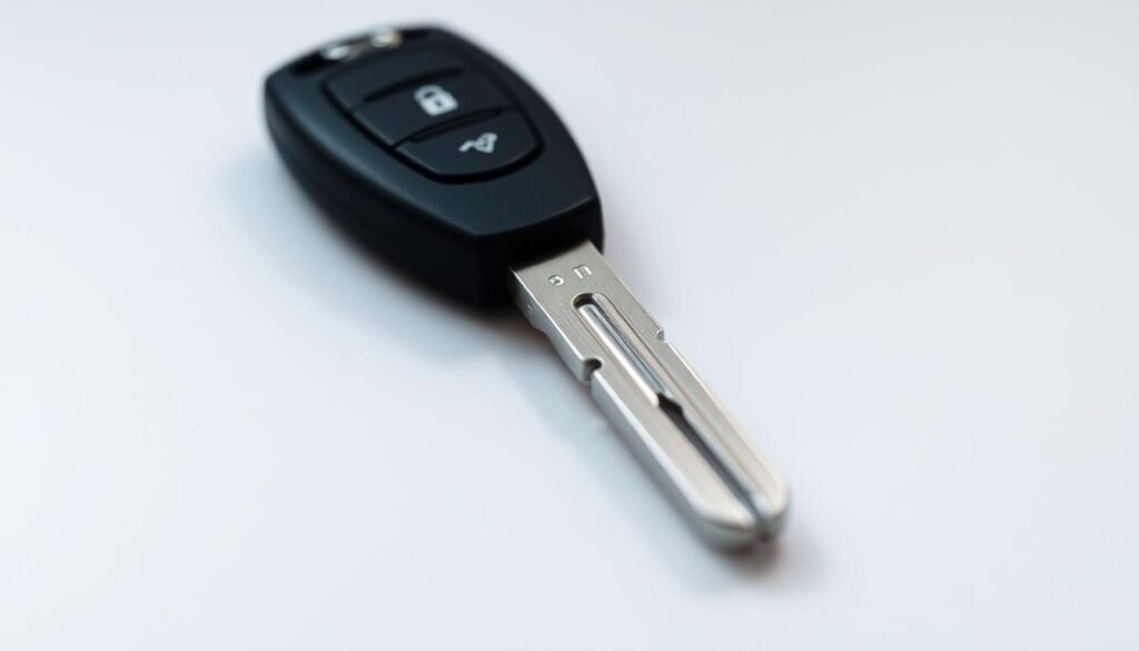 A close-up photograph of a car key, meticulously detailed. The key is made of silver-colored metal with a black plastic grip, capturing the sleek, modern design. The key is placed on a plain, light-colored surface, allowing the object to stand out prominently. The lighting is soft and diffused, creating subtle shadows that accentuate the key's form and texture. The angle is slightly elevated, giving the viewer a clear, unobstructed view of the key's intricate features. The mood is one of simplicity and focus, drawing the viewer's attention to the essential object at the heart of the image.