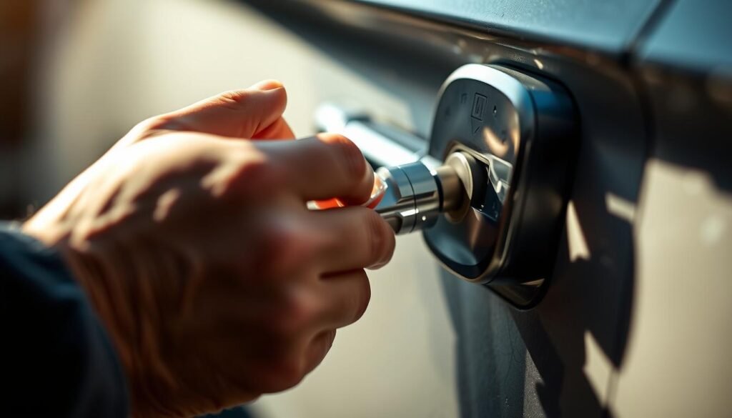 A close-up photograph of a professional locksmith's hands skillfully picking the lock of a car door, showcasing the speed and precision of their work. The image is illuminated by a warm, natural light that casts subtle shadows, highlighting the intricate details of the locking mechanism. The background is slightly blurred, placing the focus entirely on the locksmith's hands and the task at hand. The overall atmosphere conveys a sense of expertise, efficiency, and reliability, reflecting the importance of choosing a reliable car unlock service.