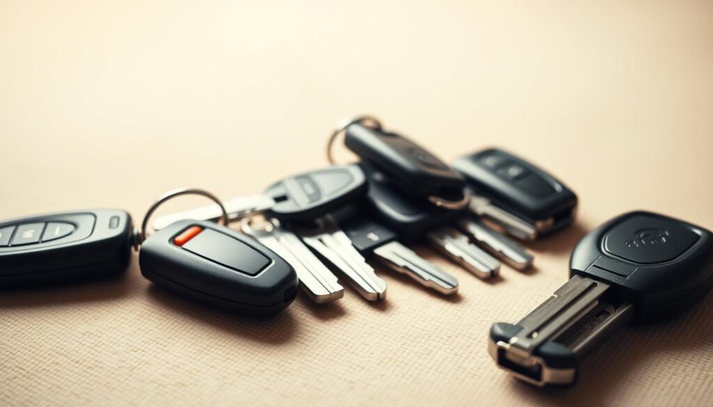 A close-up photograph of a set of car keys, neatly arranged on a textured, beige surface. The keys are of various shapes and sizes, reflecting the diverse make and model of the vehicles they belong to. The lighting is soft and diffused, creating a warm, inviting atmosphere. The background is slightly blurred, allowing the keys to be the focal point of the image. The overall composition is clean and minimalist, emphasizing the simplicity and functionality of the car keys. The image conveys a sense of expertise and professionalism in the field of car key repair.