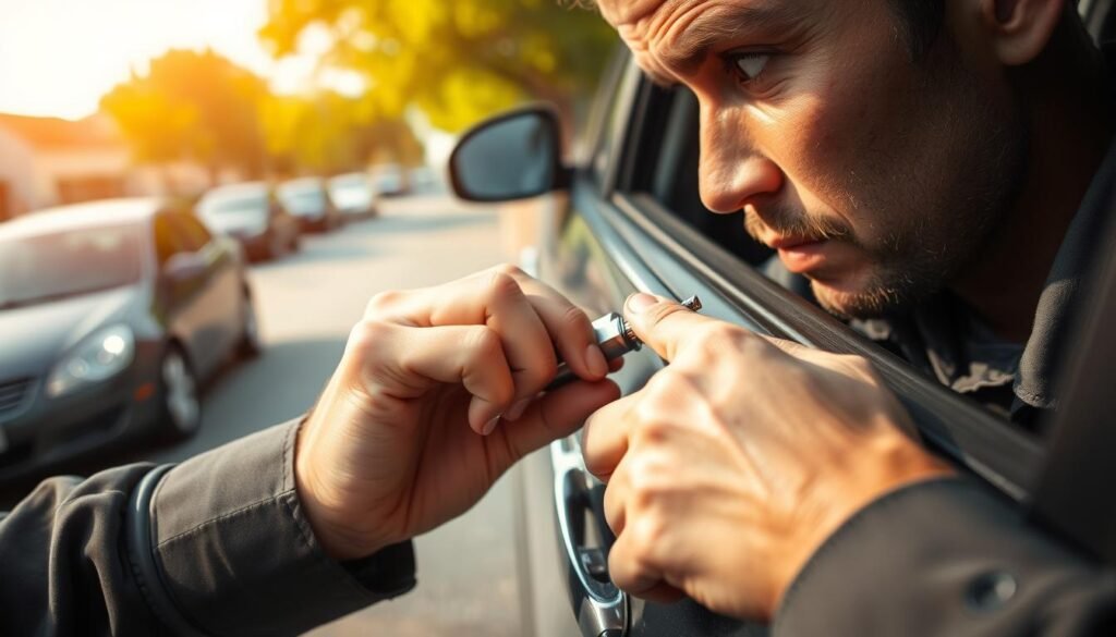 A close-up view of a car locksmith's hands skillfully picking the lock of a car door using specialized tools, with a blurred background of a street scene and other cars. The lighting is warm and natural, creating a sense of urgency and problem-solving. The locksmith's expression is one of focused concentration as they work to gain access to the vehicle. The angle is slightly low, giving the viewer a sense of the locksmith's expertise and the importance of their task.