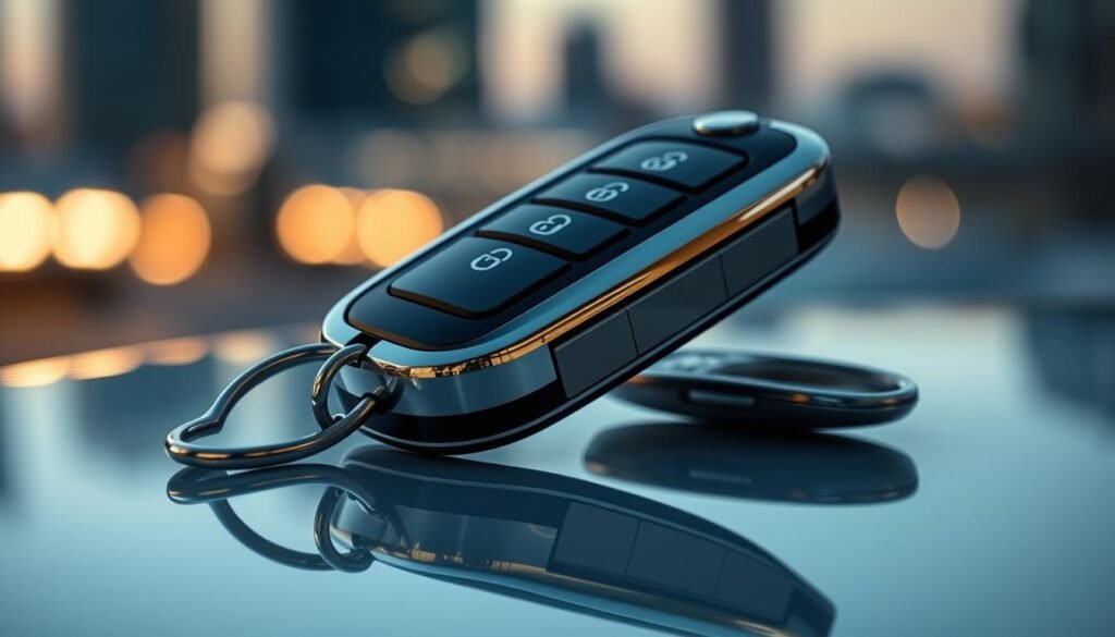 A close-up view of a modern, sleek smart car key fob in a minimalist, chrome-and-glass design, resting on a reflective surface. The fob's buttons and interface are highlighted, conveying a sense of advanced technology and connectivity. The lighting is soft and diffused, creating a sense of high-end sophistication. The background is blurred, with subtle hints of an urban cityscape visible, suggesting the key's suitability for the modern, cosmopolitan driver in the UAE. The overall composition emphasizes the key's premium design and intelligent functionality, capturing the essence of the A close-up view of a modern, sleek smart car key fob in a minimalist, chrome-and-glass design, resting on a reflective surface. The fob's buttons and interface are highlighted, conveying a sense of advanced technology and connectivity. The lighting is soft and diffused, creating a sense of high-end sophistication. The background is blurred, with subtle hints of an urban cityscape visible, suggesting the key's suitability for the modern, cosmopolitan driver in the UAE. The overall composition emphasizes the key's premium design and intelligent functionality, capturing the essence of the