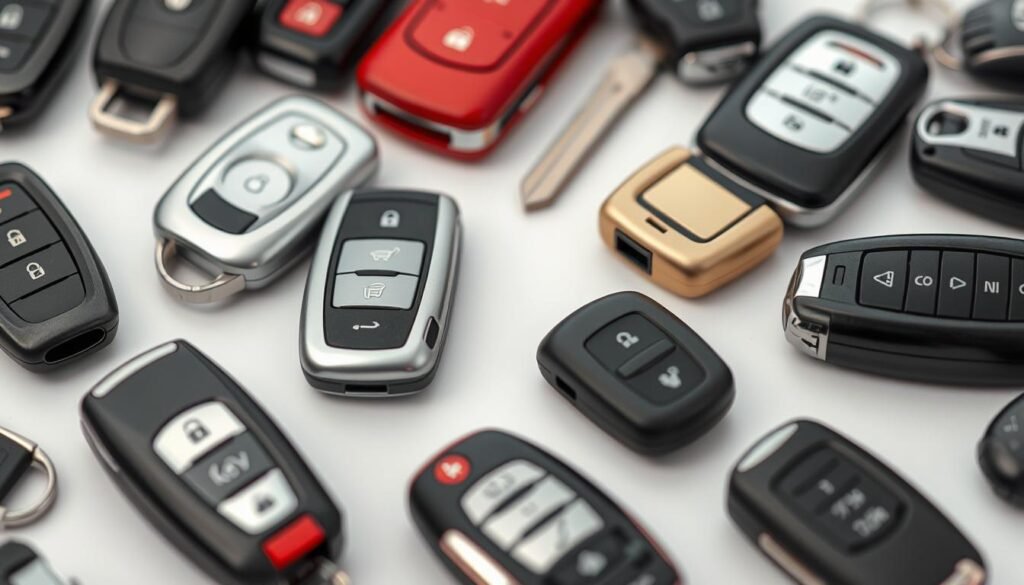 A close-up view of a range of car key fobs and remotes, showcasing their diverse designs, materials, and functionalities. The image should feature a variety of key fobs, including basic models, luxury/premium options, and specialized types (e.g., keyless entry, smart keys). Depict the keys with a focus on their visual characteristics, such as shapes, colors, buttons, and logos, to illustrate the factors that contribute to their cost. Capture the keys against a neutral, clean background that allows the details to stand out, using soft, diffused lighting to create a professional, high-quality aesthetic.