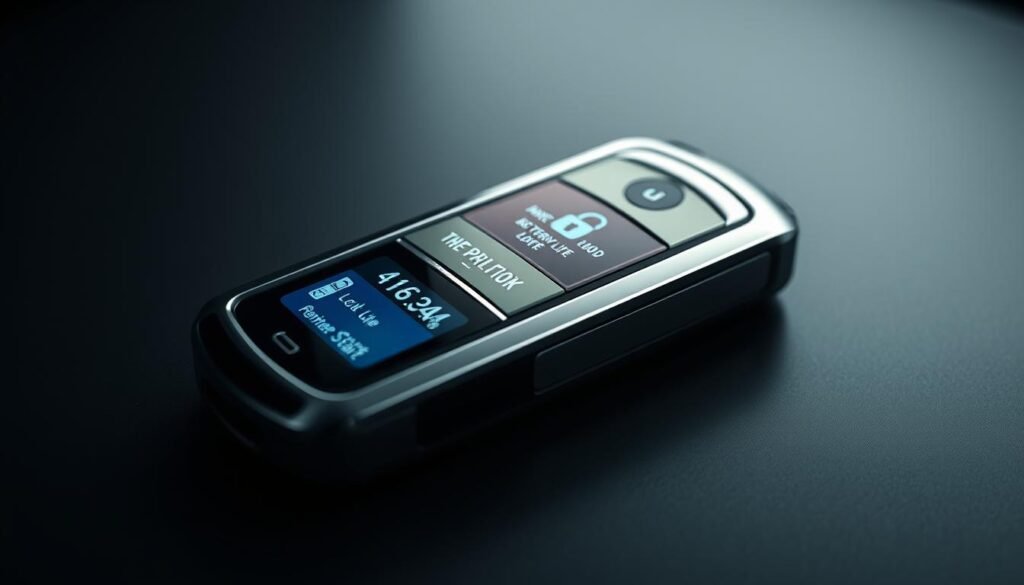 A close-up view of a sleek, modern smart car key, showcasing its advanced features. The key's body is crafted from premium materials, with a metallic sheen and a seamless design. The front panel displays a high-resolution digital display, providing real-time information about the vehicle's status, such as battery life, lock/unlock functionality, and remote start capability. The key's surface is dotted with tactile buttons, allowing for intuitive control of various in-car systems. The background is dimly lit, with a soft, atmospheric lighting that emphasizes the key's sophisticated appearance. The overall composition emphasizes the key's cutting-edge technology and its integration with the vehicle, reflecting the enhanced convenience and security it offers. A close-up view of a sleek, modern smart car key, showcasing its advanced features. The key's body is crafted from premium materials, with a metallic sheen and a seamless design. The front panel displays a high-resolution digital display, providing real-time information about the vehicle's status, such as battery life, lock/unlock functionality, and remote start capability. The key's surface is dotted with tactile buttons, allowing for intuitive control of various in-car systems. The background is dimly lit, with a soft, atmospheric lighting that emphasizes the key's sophisticated appearance. The overall composition emphasizes the key's cutting-edge technology and its integration with the vehicle, reflecting the enhanced convenience and security it offers.