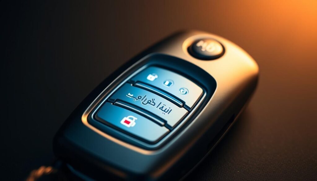 A close-up view of a smart car key fob, its sleek metal body gleaming under soft, warm lighting. The keypad is backlit, revealing the Arabic characters "أمان المفاتيح الذكية" (Aman Al-Mafatih Al-Thakiyyah, meaning "Smart Key Security"). The key's surface is smooth and tactile, with subtle contours and a premium feel. The background is blurred, creating a sense of focus and emphasis on the key's security features. The overall mood is one of sophistication, reliability, and confidence in the vehicle's protection.
