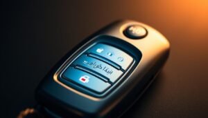 A close-up view of a smart car key fob, its sleek metal body gleaming under soft, warm lighting. The keypad is backlit, revealing the Arabic characters "أمان المفاتيح الذكية" (Aman Al-Mafatih Al-Thakiyyah, meaning "Smart Key Security"). The key's surface is smooth and tactile, with subtle contours and a premium feel. The background is blurred, creating a sense of focus and emphasis on the key's security features. The overall mood is one of sophistication, reliability, and confidence in the vehicle's protection.