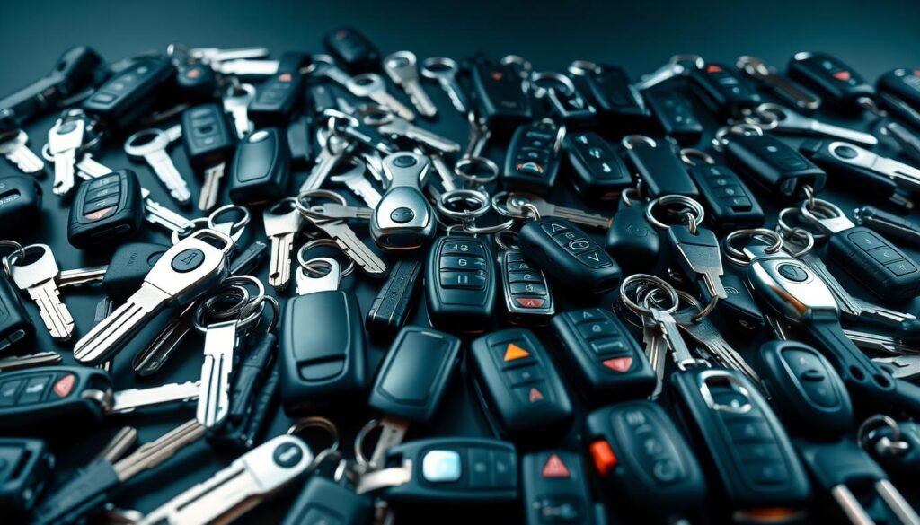 A comprehensive display of an assortment of car keys, showcasing the diverse types and designs used in modern vehicles. The keys are arranged in a visually striking manner, capturing the intricate details and varying shapes, sizes, and functionalities. The image is captured with a professional, well-lit studio setup, highlighting the sleek and sophisticated nature of the keys. The overall composition emphasizes the technical and practical aspects of these essential automotive accessories, conveying a sense of precision and functionality. The mood is one of precision, elegance, and the celebration of the engineering prowess behind the keys that unlock the experiences of modern transportation.
