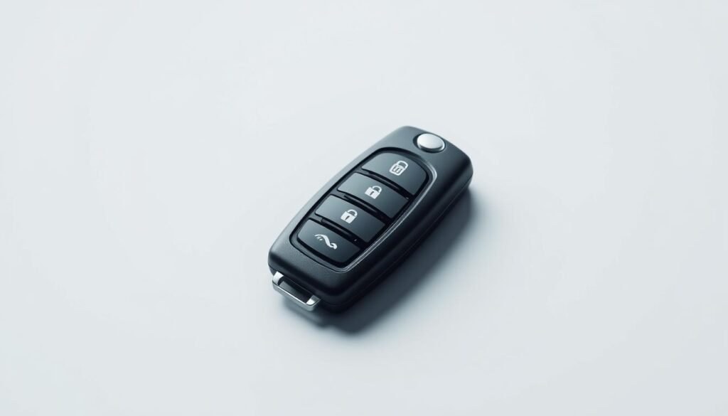 A concise and realistic illustration of a car key fob against a clean, minimalistic background. The key fob is prominently displayed, capturing its intricate details and precise engineering. The lighting is soft and diffused, creating a professional, technical atmosphere. The camera angle is slightly elevated, emphasizing the key's form and function. The overall composition conveys a sense of simplicity and practicality, mirroring the subject of programming car keys in a straightforward, high-quality manner.