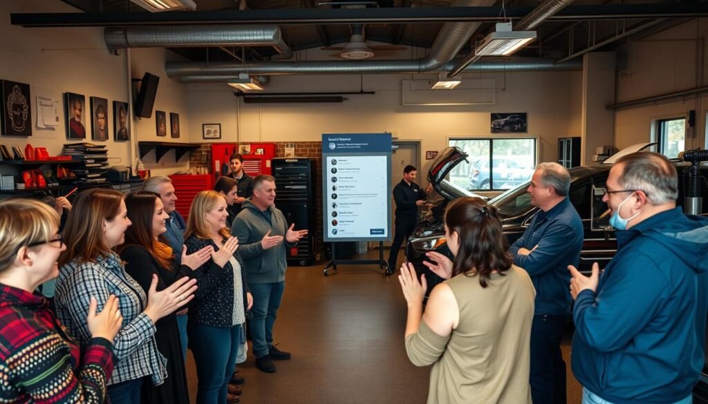 A cozy, well-lit interior of a car workshop with an assortment of satisfied customers providing their testimonials. In the foreground, a group of people gesticulating enthusiastically as they share their positive experiences. In the middle ground, a display showcasing customer reviews and ratings. The background features a well-organized workspace with tools, equipment, and the silhouette of a professional mechanic attending to a vehicle. The overall atmosphere conveys a sense of trust, reliability, and a customer-centric approach.