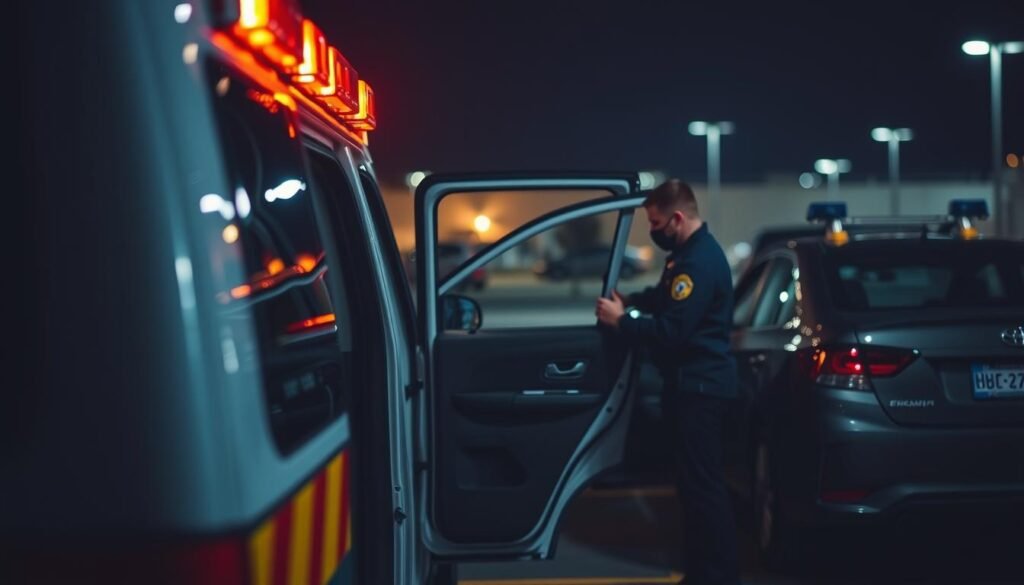 A dark, dimly lit parking lot at night. In the foreground, the detailed exterior of an emergency response vehicle, its amber lights flashing. The vehicle's side door is ajar, revealing the organized interior and emergency equipment inside. In the middle ground, a person in a uniform is carefully examining the lock mechanism of a car, using specialized tools to gently pry it open. The background is blurred, with a sense of urgency and a need for swift, professional service. The scene conveys a sense of reliable, around-the-clock emergency assistance for locked-out vehicle owners. A dark, dimly lit parking lot at night. In the foreground, the detailed exterior of an emergency response vehicle, its amber lights flashing. The vehicle's side door is ajar, revealing the organized interior and emergency equipment inside. In the middle ground, a person in a uniform is carefully examining the lock mechanism of a car, using specialized tools to gently pry it open. The background is blurred, with a sense of urgency and a need for swift, professional service. The scene conveys a sense of reliable, around-the-clock emergency assistance for locked-out vehicle owners.