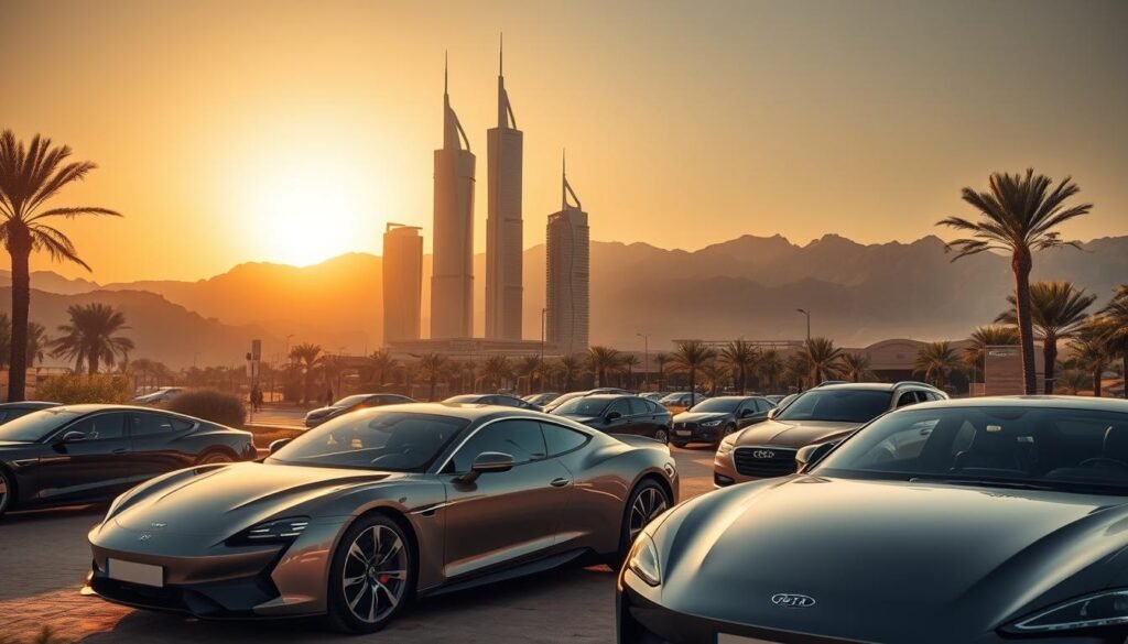 A desert oasis in the United Arab Emirates, bathed in warm golden light. In the foreground, sleek luxury vehicles gleam, reflecting the country's technological advancements and commitment to innovation. The middle ground features towering skyscrapers, their modern architectural designs a testament to the nation's ambition and progress. In the background, a stunning mountainous landscape provides a majestic backdrop, hinting at the natural wonders that draw visitors from around the world. The overall scene conveys a sense of sophistication, prosperity, and a harmonious blend of modernity and tradition that defines the Emirati experience.