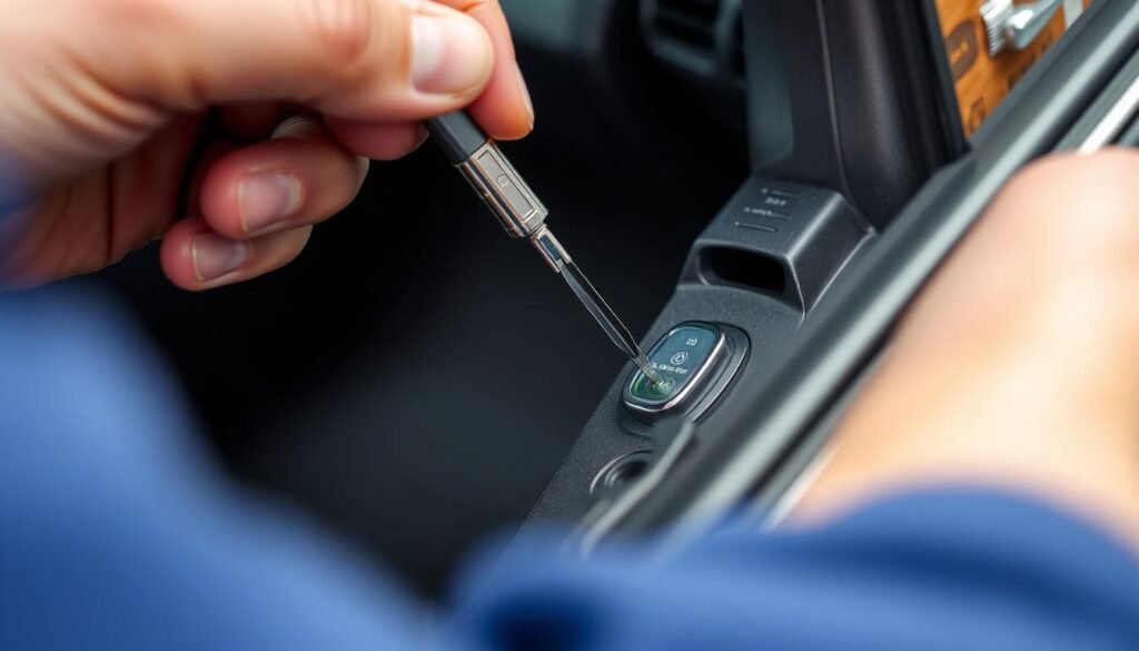 A detailed close-up view of a person using a specialized tool to open the door of a car without a key. The tool is slender and metallic, delicately manipulating the car's locking mechanism. The scene is well-lit, showcasing the intricate procedure in a professional and technical manner. The car's interior is visible, lending context to the action. The overall atmosphere is one of precision, expertise, and the practical application of automotive locksmith techniques. A detailed close-up view of a person using a specialized tool to open the door of a car without a key. The tool is slender and metallic, delicately manipulating the car's locking mechanism. The scene is well-lit, showcasing the intricate procedure in a professional and technical manner. The car's interior is visible, lending context to the action. The overall atmosphere is one of precision, expertise, and the practical application of automotive locksmith techniques.