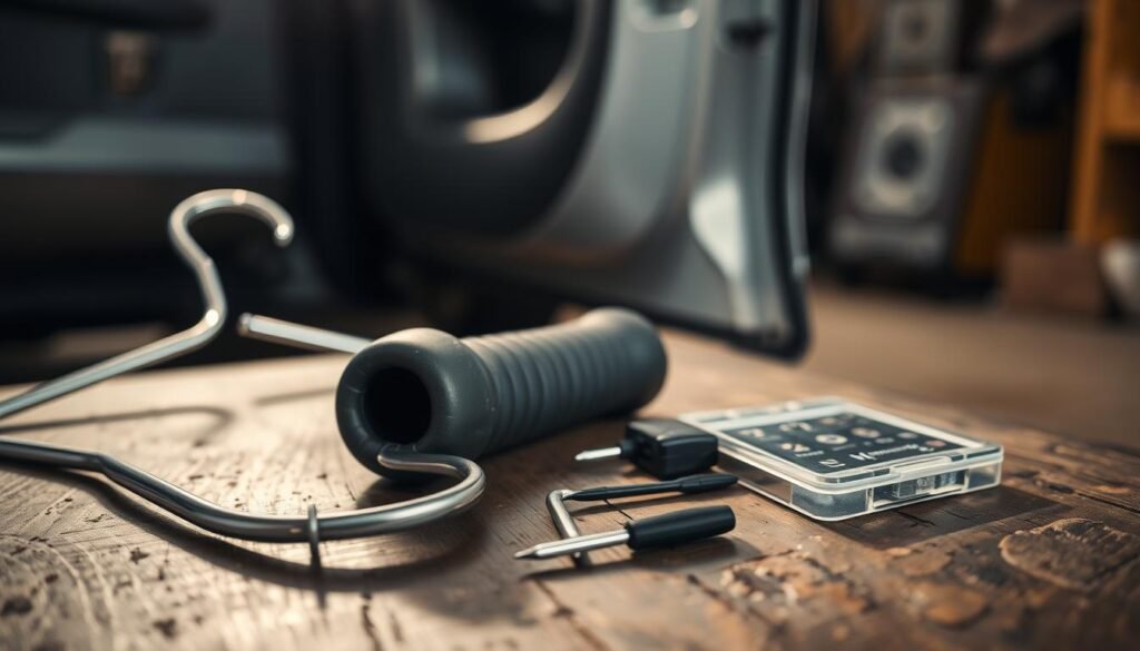A detailed close-up view of emergency tools and techniques for unlocking a car door. In the foreground, a sturdy metal hanger, a slim inflatable wedge, and a lockpick set lie on a weathered wooden surface. The middle ground showcases a car door handle, the lock mechanism visible. Soft, warm lighting from an off-camera source casts shadows and highlights the textures of the materials. The background is blurred, suggesting an indoor, garage-like environment. The overall mood is one of problem-solving and resourcefulness, with a sense of urgency and focus on the task at hand.