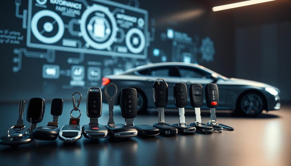 A detailed evolution of car keys, showcasing the technological advancements over time. In the foreground, a chronological display of various key designs, from the early mechanical types to the modern keyless fobs. In the middle ground, a sleek and minimalist car silhouette, highlighting the seamless integration of keys with the vehicle. The background features a futuristic, high-tech atmosphere, with holographic projections and digital interfaces, hinting at the next generation of car key technology. The lighting is soft and ambient, creating a sense of sophistication and innovation. The overall composition conveys the journey of car keys, from their humble beginnings to the cutting-edge, connected devices of today.