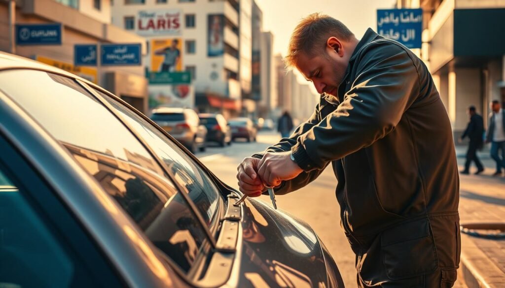 A detailed, high-quality image of a car locksmith service in Ajman, UAE. The scene shows a professional locksmith working on unlocking a locked car, set against the backdrop of the city's vibrant streets. Warm, natural lighting illuminates the scene, casting soft shadows and highlighting the intricate process. The locksmith's tools and expertise are the focal point, conveying a sense of efficiency and reliability. The surrounding environment, with buildings, signage, and passing pedestrians, provides a realistic context for the car locksmith service. The overall mood is one of professionalism and trustworthiness, reflecting the reliable and prompt nature of the service.