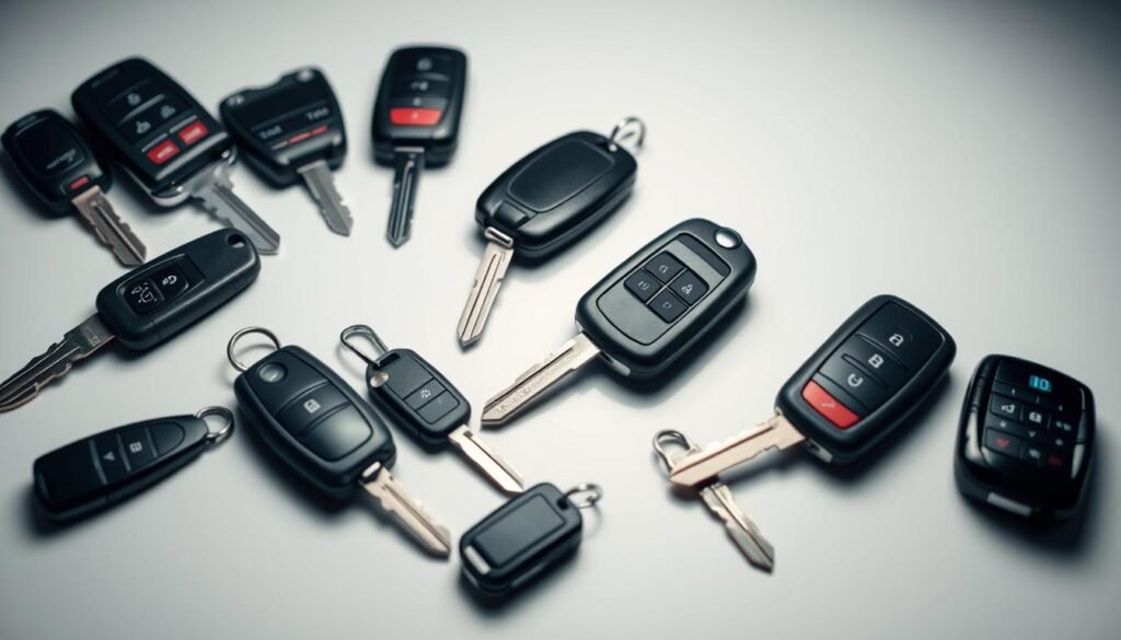 A detailed, high-resolution image of an assortment of car keys and remotes in a well-lit, minimalist setting. The keys are neatly arranged on a clean, reflective surface, showcasing their unique shapes, textures, and materials. The remotes are positioned alongside, highlighting their various buttons and functions. The lighting is soft and evenly distributed, creating a sense of clarity and focus on the subjects. The composition is balanced, allowing the viewer to examine the intricate details of the keys and remotes. The overall atmosphere conveys a professional, problem-solving context suitable for an article on repairing car locks and malfunctioning remotes.