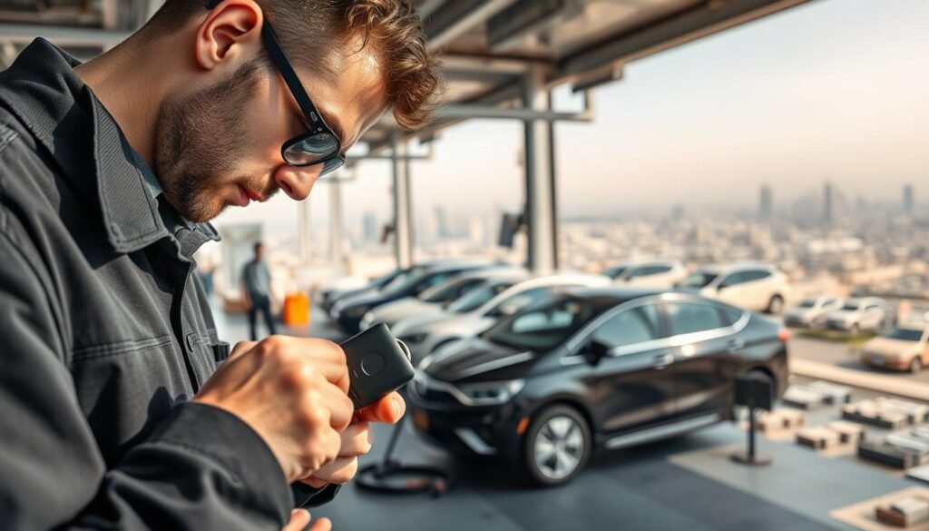 A detailed image of a car key service station in the United Arab Emirates. The foreground showcases a skilled technician closely examining a car key, surrounded by various tools and equipment. The middle ground features a modern, well-equipped workshop with multiple vehicles undergoing key-related repairs. In the background, a panoramic view of the cityscape of Dubai, Sharjah, and Al Ain, showcasing the expansive coverage of the service. The lighting is bright and natural, creating a sense of professionalism and efficiency. The overall atmosphere conveys a strong, reliable automotive key service provider catering to the needs of the local community.