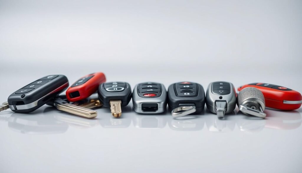 A detailed image of various car key fobs resting on a smooth, reflective surface. The fobs are arranged in the foreground, showcasing their diverse shapes, colors, and designs - from sleek metallic models to textured plastic variants. The middle ground features a soft, diffused lighting setup, creating a sense of depth and highlighting the intricate textures and materials of the key fobs. The background is blurred, creating a minimalist, studio-like atmosphere that draws the viewer's attention to the key fobs as the central focus. The overall tone is clean, crisp, and professional, suitable for illustrating the section on "Types of Car Keys and How They Work" in the provided article.