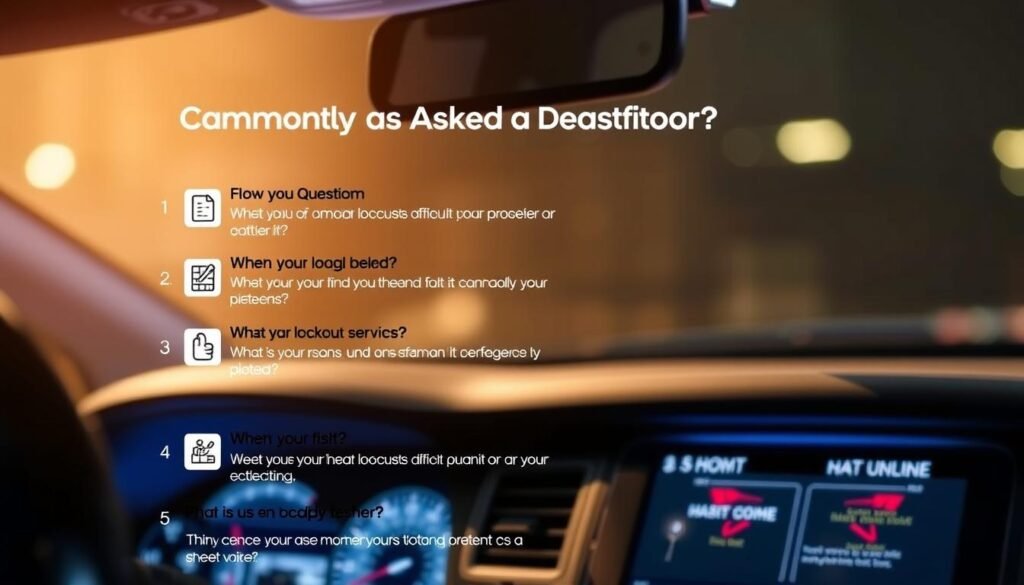A detailed interior shot of a car's dashboard and center console, illuminated by soft, warm lighting. The focus is on a group of commonly asked questions about car lockout services, displayed on a sleek, minimalist interface. The questions are presented in an easy-to-read format, with clear icons and simple language. The background is blurred, creating a sense of depth and emphasizing the informative content. The overall mood is professional, helpful, and visually appealing, reflecting the expertise and care of the car lockout services. A detailed interior shot of a car's dashboard and center console, illuminated by soft, warm lighting. The focus is on a group of commonly asked questions about car lockout services, displayed on a sleek, minimalist interface. The questions are presented in an easy-to-read format, with clear icons and simple language. The background is blurred, creating a sense of depth and emphasizing the informative content. The overall mood is professional, helpful, and visually appealing, reflecting the expertise and care of the car lockout services.