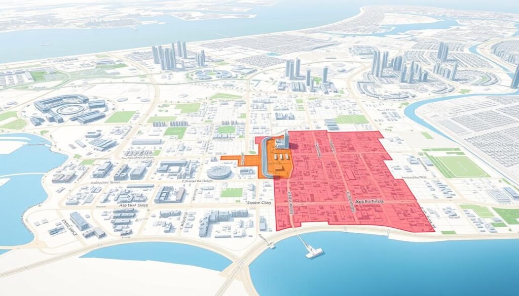 A detailed map of service areas in Abu Dhabi, United Arab Emirates. The image depicts a comprehensive urban landscape, showcasing the key districts, neighborhoods, and infrastructure that make up the city's network of service coverage. The foreground highlights major roadways, public transport hubs, and landmark buildings, while the middle ground features residential and commercial zones differentiated by color-coding. The background incorporates topographical features such as coastlines, parks, and suburban developments to provide a sense of geographic context. The lighting is natural and diffused, creating a clean, informative visualization suitable for a technical article on keyless car access in Abu Dhabi. A detailed map of service areas in Abu Dhabi, United Arab Emirates. The image depicts a comprehensive urban landscape, showcasing the key districts, neighborhoods, and infrastructure that make up the city's network of service coverage. The foreground highlights major roadways, public transport hubs, and landmark buildings, while the middle ground features residential and commercial zones differentiated by color-coding. The background incorporates topographical features such as coastlines, parks, and suburban developments to provide a sense of geographic context. The lighting is natural and diffused, creating a clean, informative visualization suitable for a technical article on keyless car access in Abu Dhabi.
